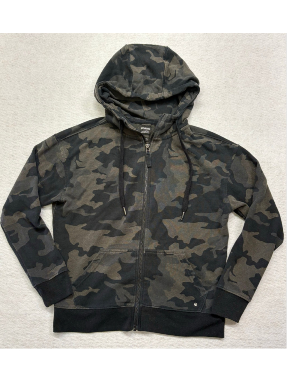 prAna Cozy Up Full Zip Hooded Jacket Black Camo Sustainable Fleece Women's Small